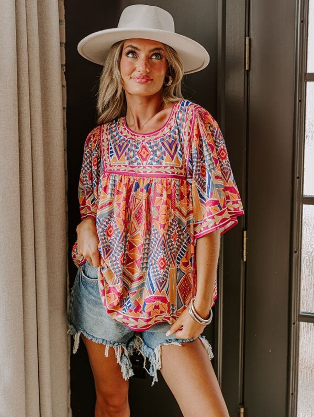 Flying Tomato Pink Multi Geo-Print Flutter Sleeve Tunic
